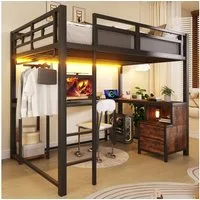 Merax Hochbett 140x200cm mit LED-Beleuchtung & USB-Ladestation (Jugendbett Loftbett, 1-St) Metallbett Kinderbett mit Schreibtisch, Ablagefächern & Kleiderstange
