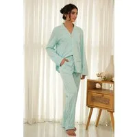 SNOOZE OFF Pyjama Damen Pyjama mit Langarm Hemd & lange Hose in Mint (2 tlg., 1 Stück) mit Kontrastpaspel aus 100 % Baumwolle