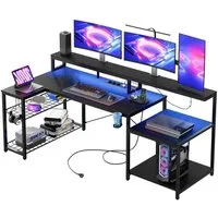 Bestier Gamingtisch 181 x 80 cm Computertisch, L-förmiger Schreibtisch (Gaming Tisch mit 3 AC-Steckdosen und 2 USB-Ladeanschlüssen, Tablett mit Ständer), Extra großer Computertisch mit großzügiger Monitorablage
