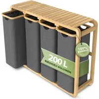 AMBIAVO Wäschekorb 4 Fächer mit waschbaren Baumwollsäcken, 200 L Volumen, stabiler 3x3 cm Bambusrahmen, innovatives Design