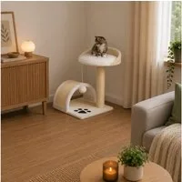 belviona Kratzbaum, platzsparender Katzenkratzbaum mit Ruheplattform, beige/weiß, mit Sisal-Kratzflächen & Spielzeug, kompakt für Katzen jeden Alters