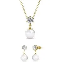 Ella Eisvogel Schmuckset 3-tlg. Pauline: Goldkette & Gold-Ohrringe (österreichische Kristalle & Echt-Perle), 18 Karat