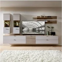Lomadox Wohnwand ISCHIA-36, (7-St., Vitrinen Lowboards Wandregale), in Beige mit Eiche, inkl. Beleuchtung, Lamellenoptik
