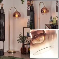 hofstein Bogenlampe Stehlampe aus Metall/Glas in Messing-/Kupferfarben/Klar, ohne Leuchtmittel, Retro/Industrial-Design mit Glasschirm (25cm), Fußschalter, 1 x E27