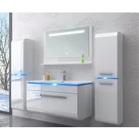 Homeline Badmöbel-Set Luxus Badmöbel Set montiert Weiß Hochglanz Lackiert 90 cm 5 tlg Led, (Spar-Set, Badmöbel Set)