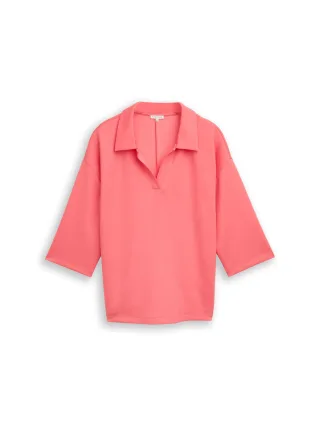 Tom Tailor - Plus Size - Loose Fit Scuba Langarmshirt mit Polokragen soft coral pink - Gr. - 52