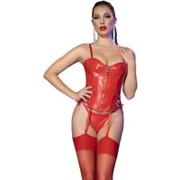Chilirose Set: Corsage Wetlook Dessous Corsagen-Set in rot mit Schnürungen inkl String Damen