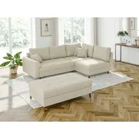 S-Style Möbel Ecksofa und Hocker Zara mit Schlaffunktion und Braun Holzfüßen aus Cord-Stoff, Ottomane links oder rechts bestellbar. Schlaffunktion in Kombination mit Hocker möglich, mit Wellenfederung