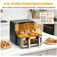 Sinaopus Heißluftfritteuse 2 Kammern, 8.5L Airfryer Doppelkammer Einkammer Verstellbar, 2000 W, Touch Display, Sichtfenster, Silber/Edelstahl, Doppelkammer