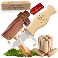 Eli Taschenmesser Schnitzmesser für Kinder ab 6 Jahre inkl. Klingenschutz aus Leder, (Kindermesser - Kinderschnitzmesser - Beidhändig - rostfreier Stahl, Buchenholzgriff), Schnitzwerkzeug - Outdoor Messer