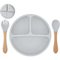 König Design Kindergeschirr-Set Babyteller Kinderteller mit Saugnapf Teller mit Löffel Gabel, 1 Personen, Silikon BPA Frei Baby Tischset für Baby und Kinder
