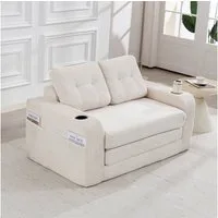 HAUSS SPOLE Schlafsofa mit Umbaufunktion,Modulares Bodensofa Zweisitzer,Wohnzimmer Cord Beige, Zweisitziges Sofa mit Seitentaschen und Getränkehaltern, umbaubarer Doppel-Sitzsack mit gesteppten Kissen und Rückenlehne