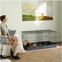 PawHut Kleintierkäfig mit Rampe, Trennwand, Nagerkäfig mit abnehmbarem Verdeck, Kaninchenkäfig für Kleintiere Stahl Schwarz