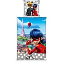 Herding Jugendbettwäsche 135x200cm Be Miraculous Ladybug Paris, Renforcé, 2 teilig, grau weiß gepunktet, Digitaldruck, Reißverschluss