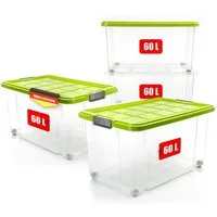 BigDean Aufbewahrungsbox 60 L mit Deckel groß – robuste Stapelbox rollbar mit Klickverschlüssen (Set, 4 St., Aufbewahrungsbox + Deckel + Rollen), Sicher Stapelbar, Platzsparend, Transparent, Rollen, Klickverschlüsse