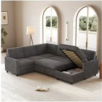 Flieks Ecksofa U-förmig ausziehbares Schlafsofa mit Schlaffunktion & Bettkasten, 220×274×85 cm, 6-Sitzer Sofa Eck-Schlafcouch mit Stauraum Cordstoff Grau