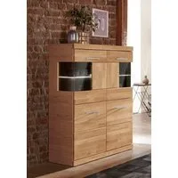 OTTO home Highboard Ribe,85cm breit,115cm hoch, Fronten Massivholz,4 breite Fächer, Korpus Holzwerkstoff,2Türen mit Glaseinsatz, Böden versetzbar