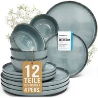 PURE LIVING INTERIOR DESIGN Geschirr-Set Pure Living »Rustic« (12-tlg), 4 Personen, Steingut, Rauchblau, 4 Personen, Steingut, Authentischer Landhausstil, Reaktive Glasur – jedes Stück ein Unikat,…