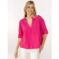 Zwillingsherz Schlupfbluse "Neon Kante" Musselin, eingefasster V-Neck in Neon, 3/4 Arm, hinten leicht länger