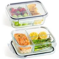 Praknu Lunchbox Meal Prep Boxen Glas 3 Fächer - Glasdosen 2er Set mit Deckel 1000ml, Borosilikatglas mit BPA-freiem Kunststoffdeckel und Silikon, (Set), 1000 ml Glasbehälter Ofenfest - Bento Box Zum Einfrieren - Tupper