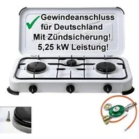 BlueCraft Gaskocher 3 flammig mit Zündsicherung 50mbar Propan Gas Campingkocher 5,25 kW, (mit Schlauch 100 cm und Gas Regler Druckminderer mit Manometer), Camping Gas Kocher 3 flammen für Gasflasche Gasherd Gas-Kochfeld