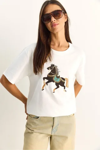 Übergroßes Besticktes Pailletten Crew-Neck T-Shirt