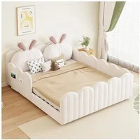 BlingBin Kinderbett Gepolstertes Plattformbett mit Kissen in Kaninchenform (Jugendbett, 1-tlg., 140×200 cm), Schutzgeländer & gepolsterte Seiten