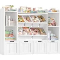 Homfa Kinderregal mit 4 Spielzeugkisten auf Rollen und 6 Boxen, Spielzeugregal mit 7 offenen Fächern Spielzeugtruhe 139.5 x 106 x 30cm