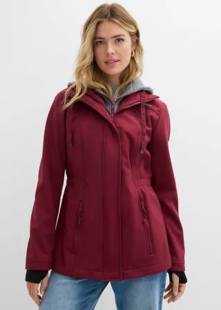 bonprix wasserabweisende Softshell-Longjacke 2 in 1-Optik, rot, Gr.52, Sportliche Softshell-Übergangsjacke mit Sweatkapuze, aus Softshell
