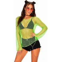 Das Kostümland Kostüm Neon Netzshirt Damen, Grün  80er Rave Disco Fest