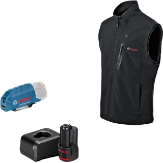 Bosch Beheizbare Weste GHV 12+18V XA, mit Akkuadapter, mit Ladegerät, mit 1x Akku (12V 2.0 Ah) schwarz - 06188000G9
