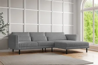 Ecksofa Designersofa AGADA in Stoff Poso Grau Ottomane Rechts