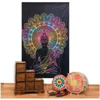 KUNST UND MAGIE Wandteppich Tuch Buddha Tagesdecke Wandbehang Deko UV Schwarzlicht ca. 200 x 135cm