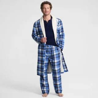 Flanell-Bademantel mit Teddyfutter, Herren,  Blau, Baumwolle, by Lands' End