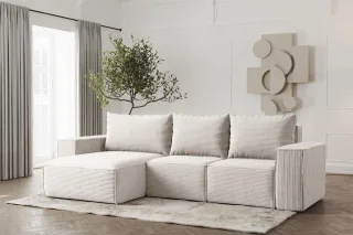 Ecksofa Designersofa ESTELLE in Stoff Poso Creme Ottomane Links
