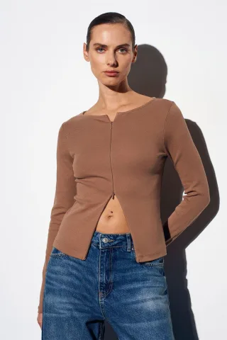 Schmale Passform Bluse aus Baumwollmischung mit Reißverschluss