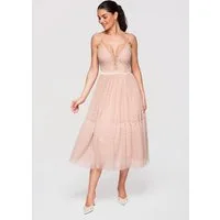 OMBRE Abendkleid Damen Midi-Kleid Spitze Tüll Cocktail Beige L (kein Set, 1-tlg) Mehrlagiger Rock aus Mesh