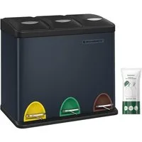 SONGMICS Mülleimer 3x8 L, kleine Kapazität, Mülltrennsystem 3 Fächer, für kleine Familien, Küche, mit Deckel, Stahl-Treteimer, Pedale, Inneneimer, greenish-grey