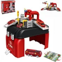 Esun Spiel-Feuerwehrwache Parkhaus für Kinder, Parkgarage Feuerwehr und Polizei Spielzeug garage (SET, Komplettset), Tragbares Rucksackdesign autogarage kinder 3 jahre