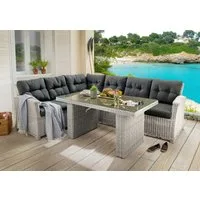 Destiny Gartenlounge-Set RIVIERA Eckgruppe, Tisch 140x80cm vintage weiß, (Set, 16-tlg., 2 Schenkel inkl. Polster, 1 Tisch mit aufgelegter Glasplatte), Aluminium, Polyrattan