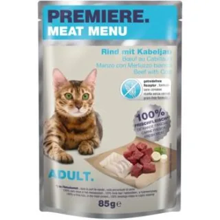 PREMIERE Meat Menu Nassfutter Katze Adult Rind mit Kabeljau 24x85 g