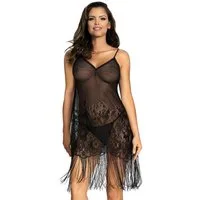 Hamana Negligé Schwarzes transparentes Damen Dessous Netzkleid mit Spitze in schwarz