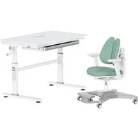HOKO Kinderschreibtisch höhenverstellbar für Kinder ab 6 Jahren (Kinderschreibtisch-Stuhl Set, 100x60cm Schreibtisch mit neigbarer Platte, ergonomischem Kinderstuhl), Kindertisch Stuhl Set für Kinderzimmer, Weiß-Grün, JANA & ANTON