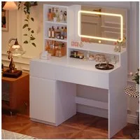 HOMALL Schminktisch Mit integrierten LED-Leuchten, einstellbare Helligkeit und Temperatur (Produktabmessungen: 90 × 40 × 135 cm Mit 5 offenen Ablagefächern + 2 Schubladen + 1 doppelstöckigem Schrank)
