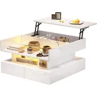 Merax Couchtisch höhenverstellbar Sofatisch Hochglanz Beistelltisch mit LED-Beleuchtung (80 x 80 x 45 cm, 1-St., Tischplatte aus gehärtetem Glas und Spanplatte), Wohnzimmertisch mit 2 Schubladen, verstecktem Stauraum und Ablagefach