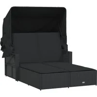 vidaXL Gartenliege Doppel-Sonnenliege mit Dach und Auflagen Schwarz Poly Rattan, 1 St.
