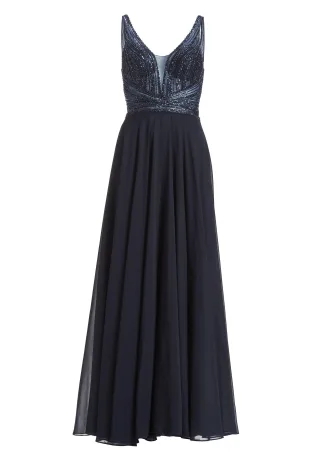 hey kyla - Langes Chiffon-Abendkleid mit Stickerei navy - Gr. - 38