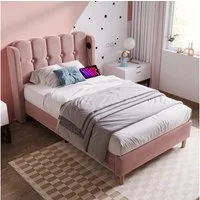 Flieks Polsterbett, Holzbett Einzelbett mit USB/Typ-C Ladeanschlüsse 90x200cm rosa Samt
