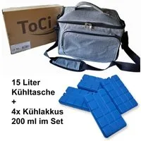 ToCi Kühltasche Kühltasche 15L Grau - Faltbare Picknicktasche + 4x 200ml Kühlakkus