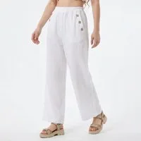 OriginalYou Marlene-Hose Damen Sommerhose Wide Leg Freizeithose Elastikbund Knopfdetails erhältlich in Größe 36 bis 46, leicht transparenter Sommerlook